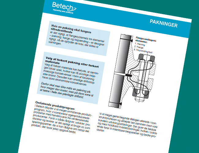 Betech produktkatalog 200 DK - Valg af pakninger. Et kompendium i pakningsteknik, tætningssystemets kritiske faktorer, fysiske egenskaber, materialevalg m.m.